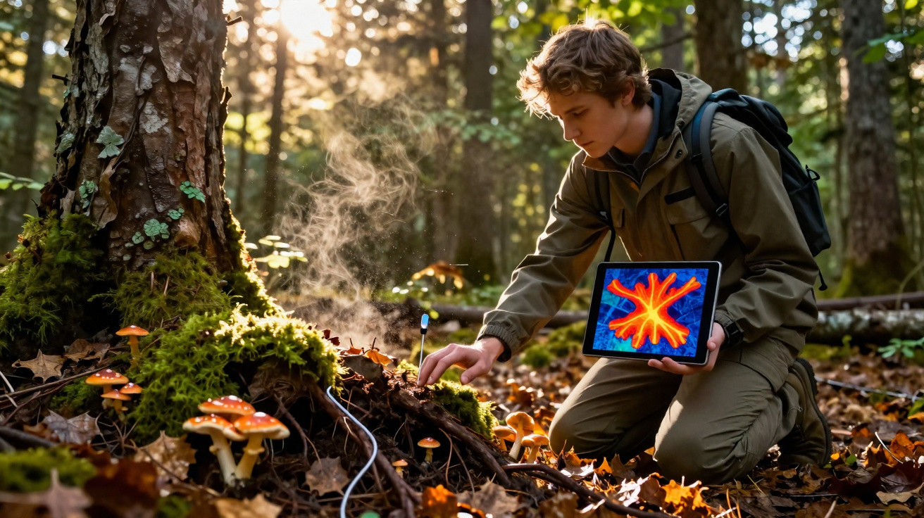 Jovem numa floresta estuda cogumelos com dispositivo digital mostrando imagem térmica.