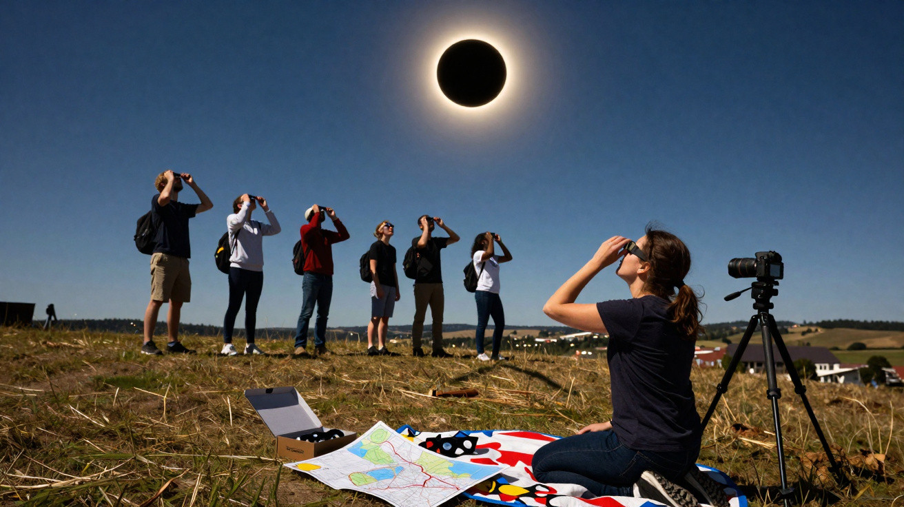 Várias pessoas observam um eclipse solar total usando óculos especiais numa área campestre sob céu limpo.