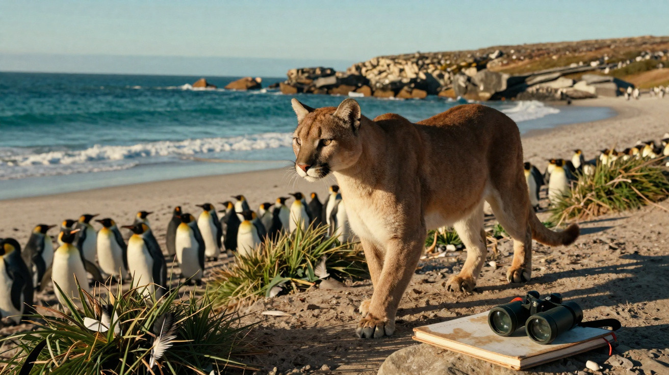 Puma numa praia com pinguins ao fundo, binóculos e caderno em primeiro plano.