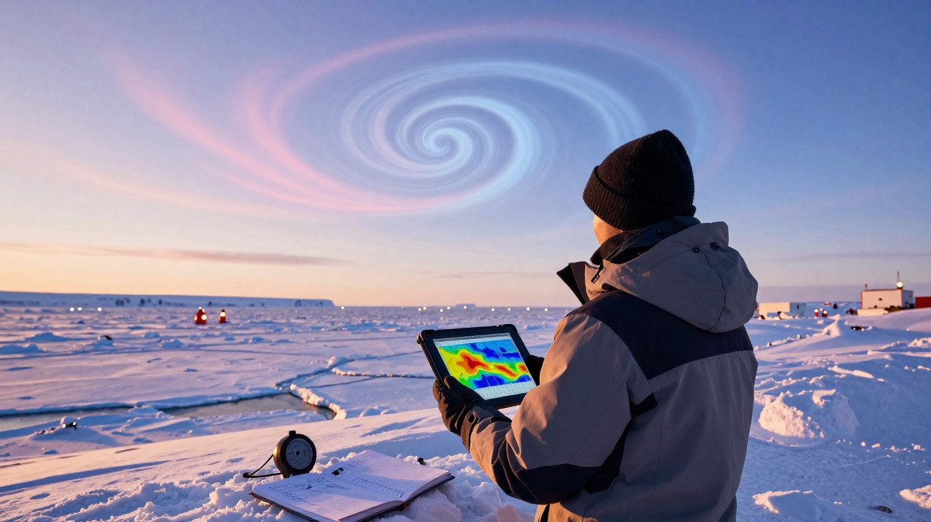 Pessoa em equipamento de inverno a analisar dados num tablet em paisagem nevada com espiral no céu.