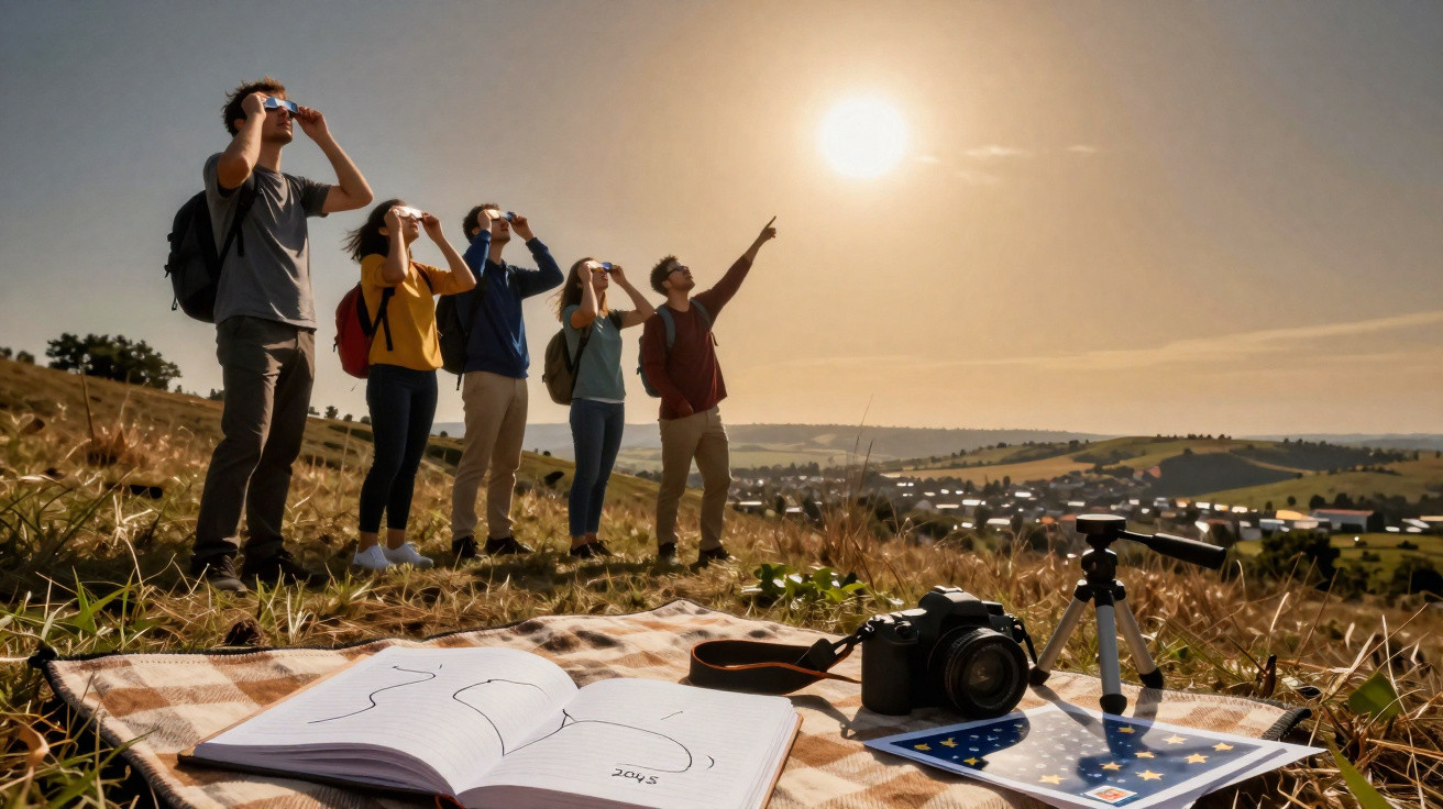 Grupo de cinco pessoas a observar o céu com binóculos numa colina ao pôr do sol, com material de astronomia no chão.