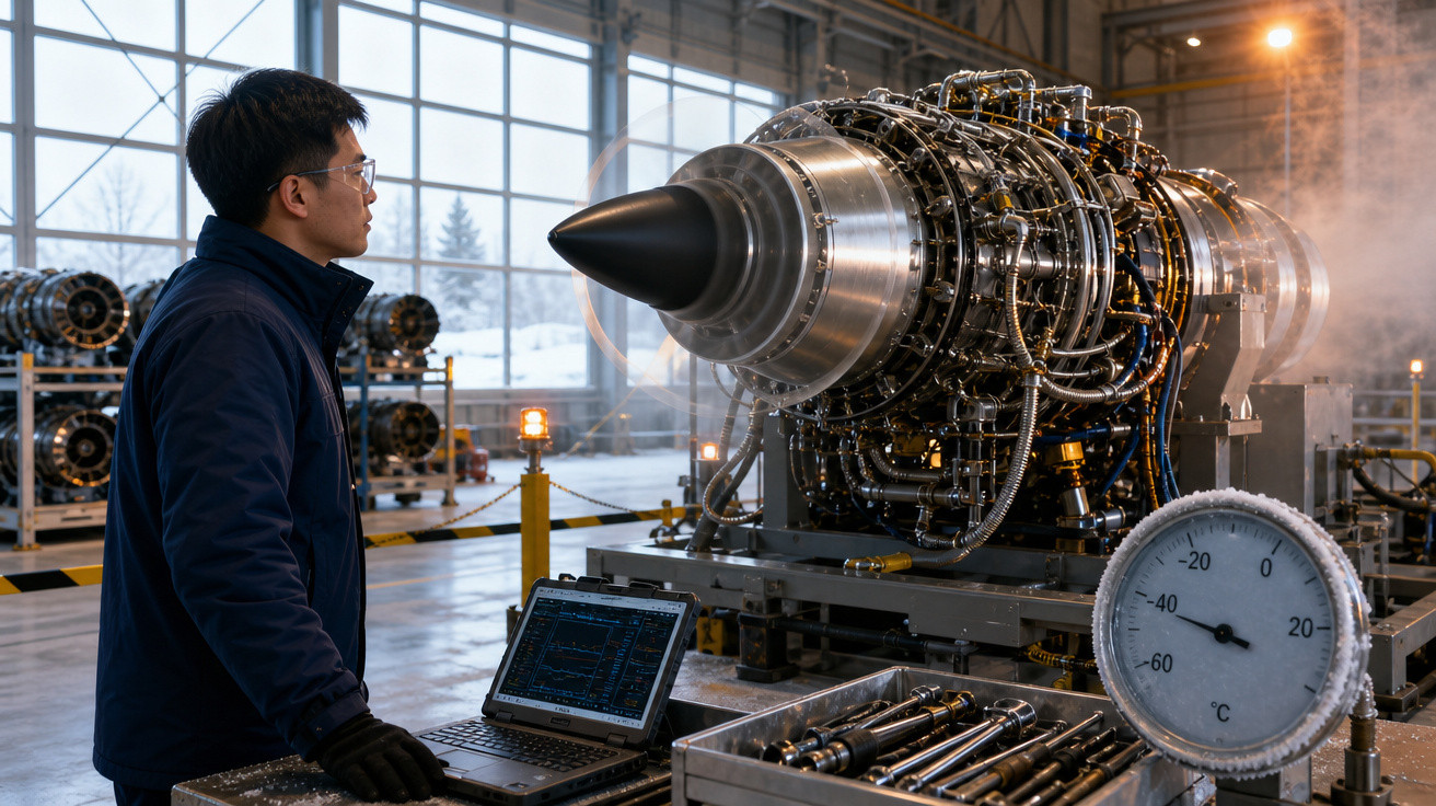Engenheiro a monitorizar testes num motor a jato num laboratório industrial com equipamento técnico.