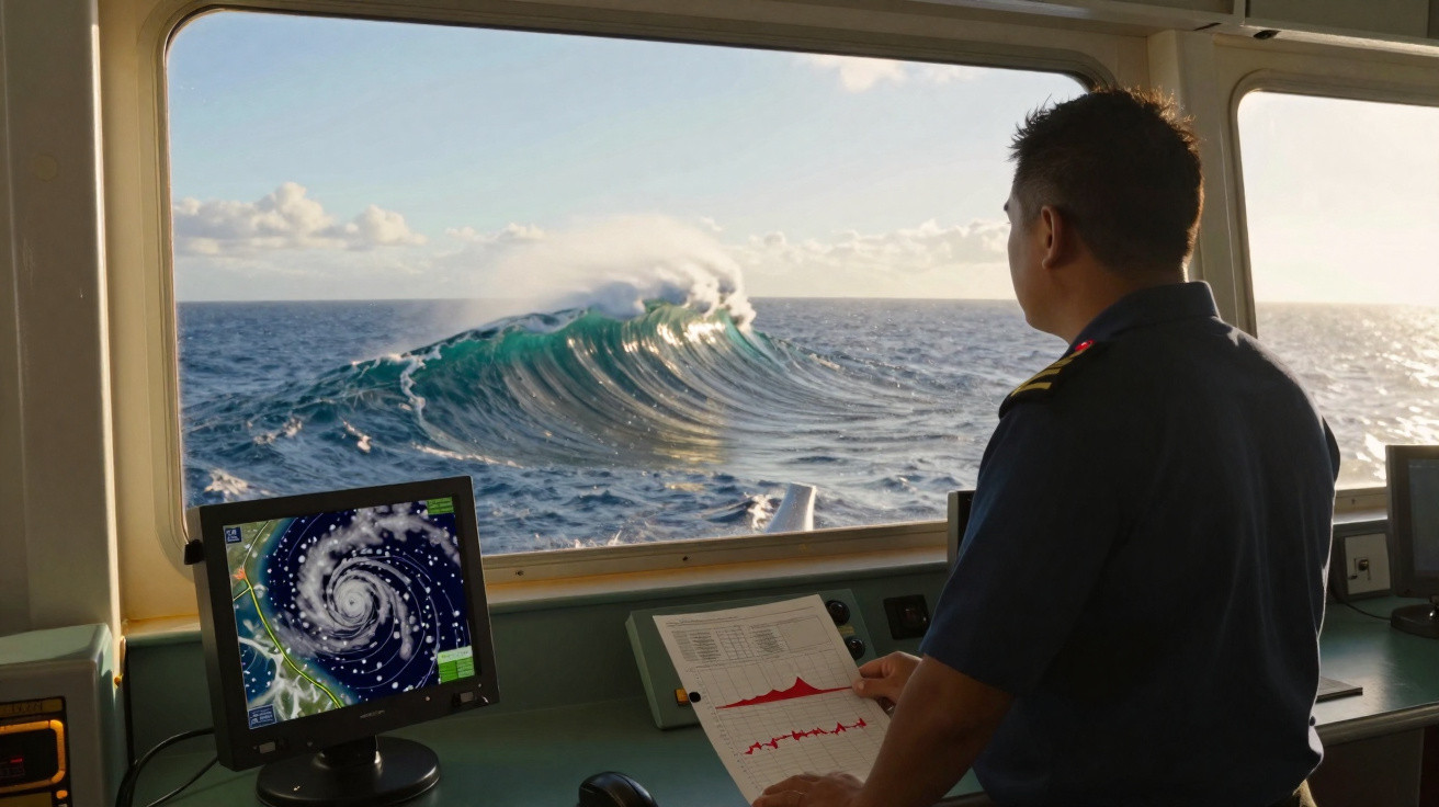 Marinheiro observa grande onda pelo pára-brisas do navio com radar meteorológico ligado na tela.