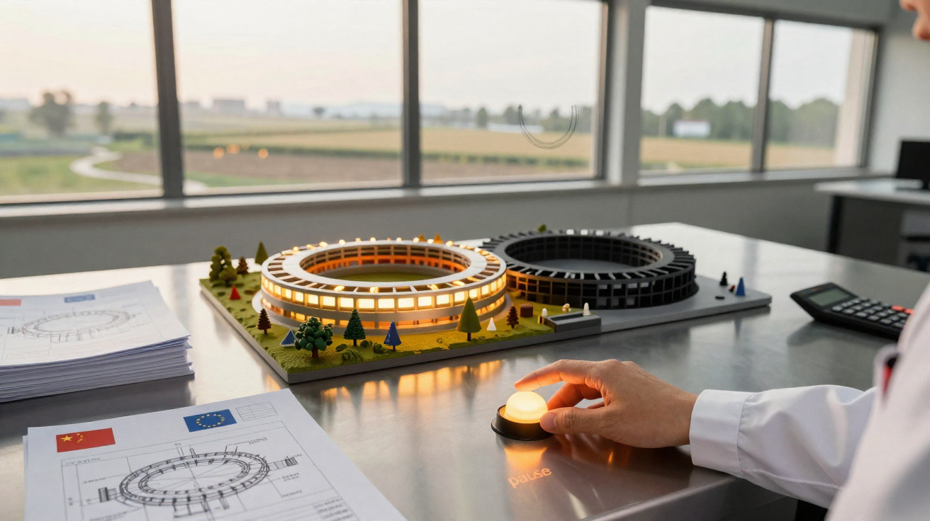 Mãos ajustam iluminação de maquete arquitetónica de estádio circular numa mesa com plantas e documentos técnicos.