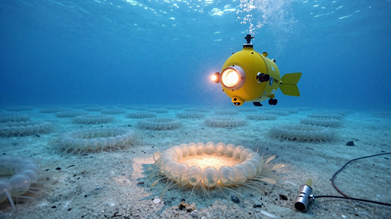 Submarino amarelo iluminando dispositivos circulares transparentes no fundo do mar.