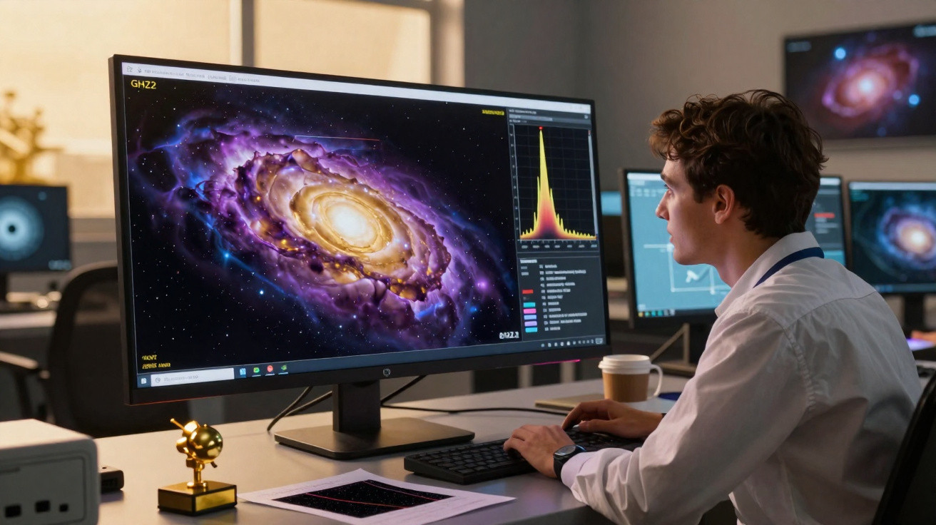 Homem analisa imagem detalhada de galáxia num computador num escritório com decoração científica.