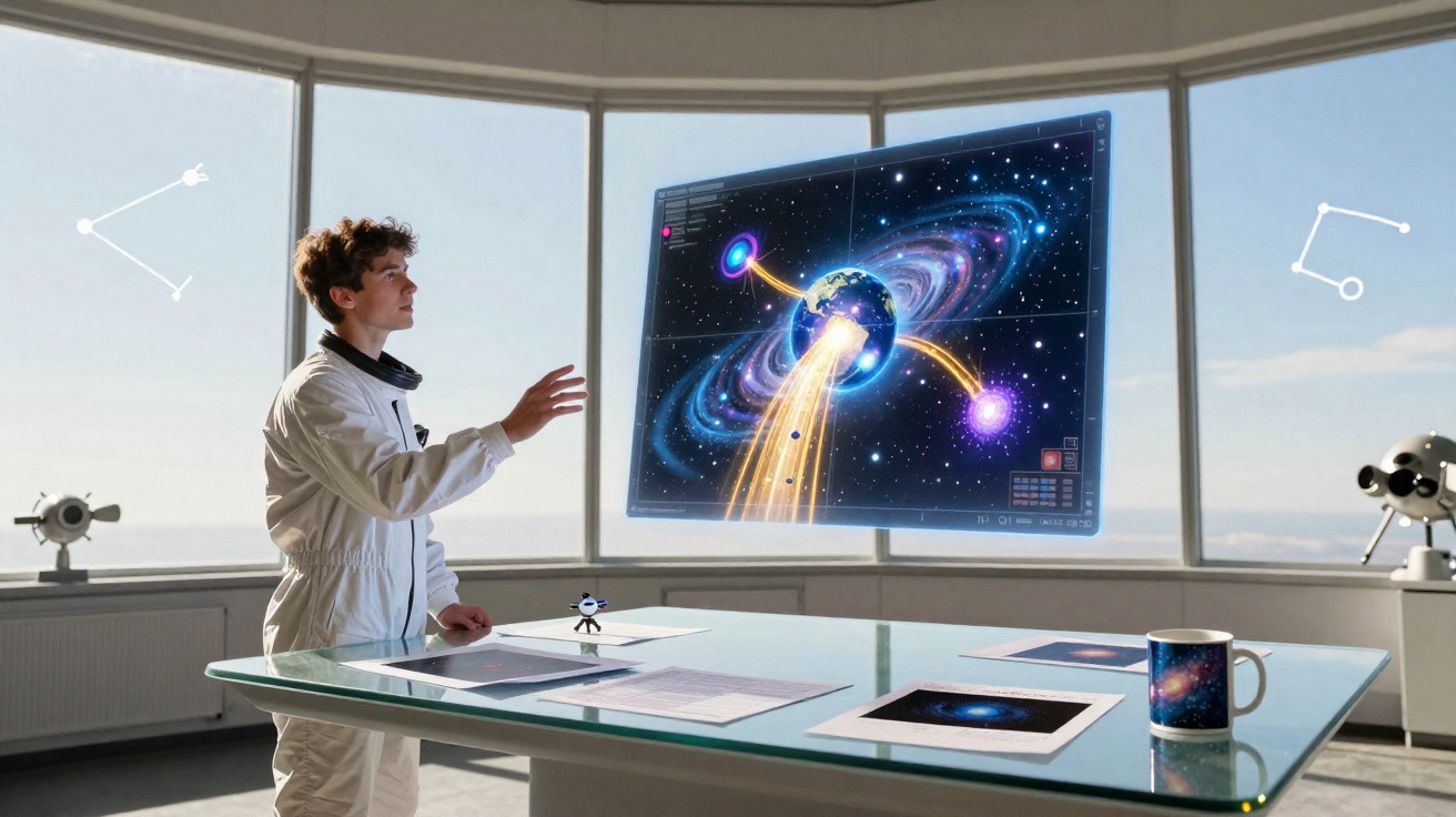 Jovem cientista em terno branco interage com holograma do planeta Terra e galáxias num laboratório moderno.