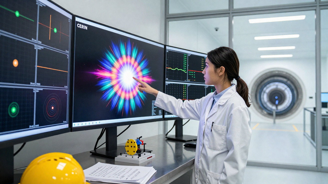 Mulher cientista em laboratório interage com ecrã digital que mostra visualização colorida de dados científicos.
