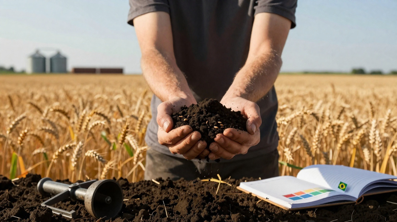 Agricultor a segurar terra preta fértil, campo de trigo maduro ao fundo, livro aberto e ferramenta no chão.
