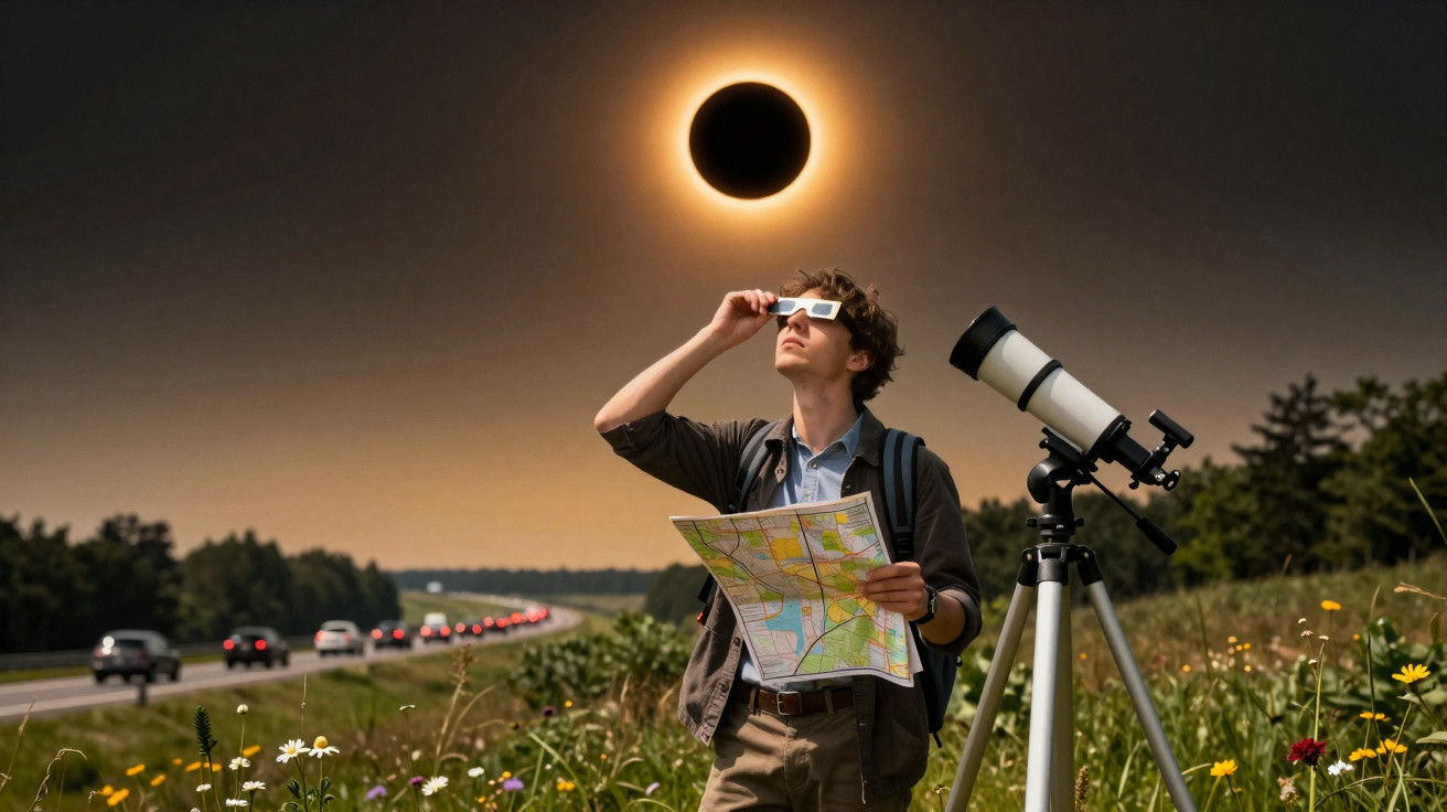 Homem observa eclipse solar com óculos especiais, segurando mapa, junto a telescópio numa paisagem campestre.