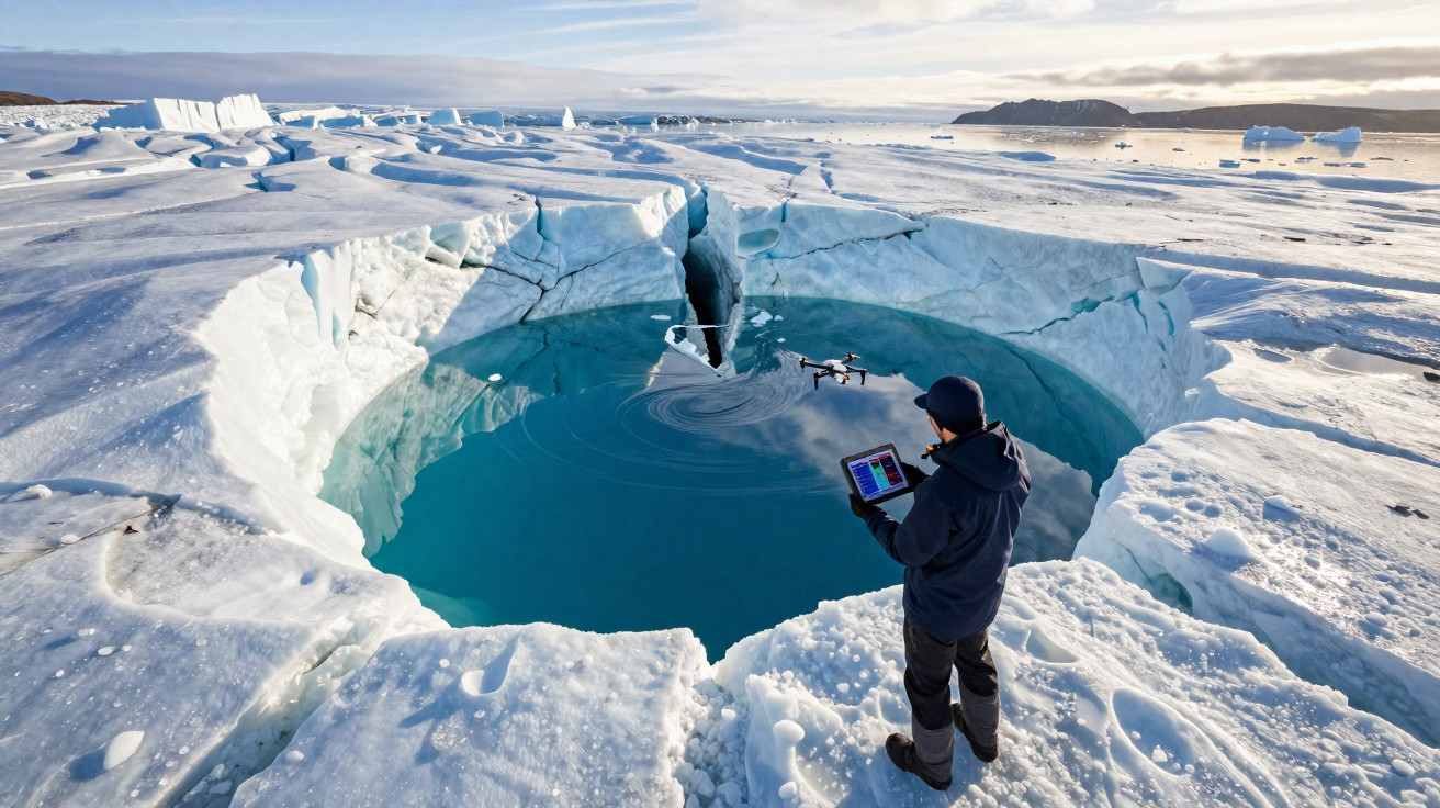 Pessoa controla drone sobre buraco gigante com água num glaciar coberto de neve.