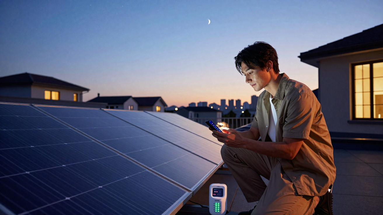 Homem com telemóvel junto a painéis solares num terraço ao entardecer, com cidade ao fundo.