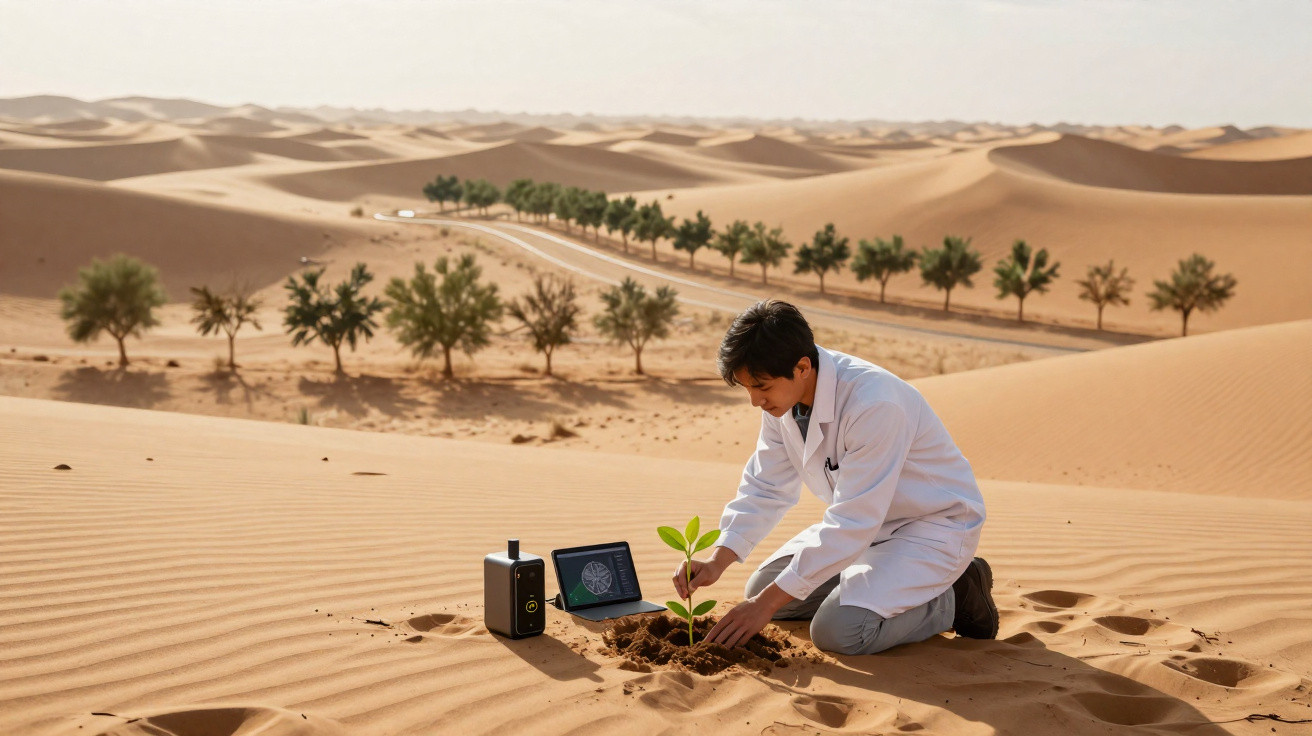Homem com bata branca planta árvore no deserto perto de equipamento tecnológico e computador portátil.