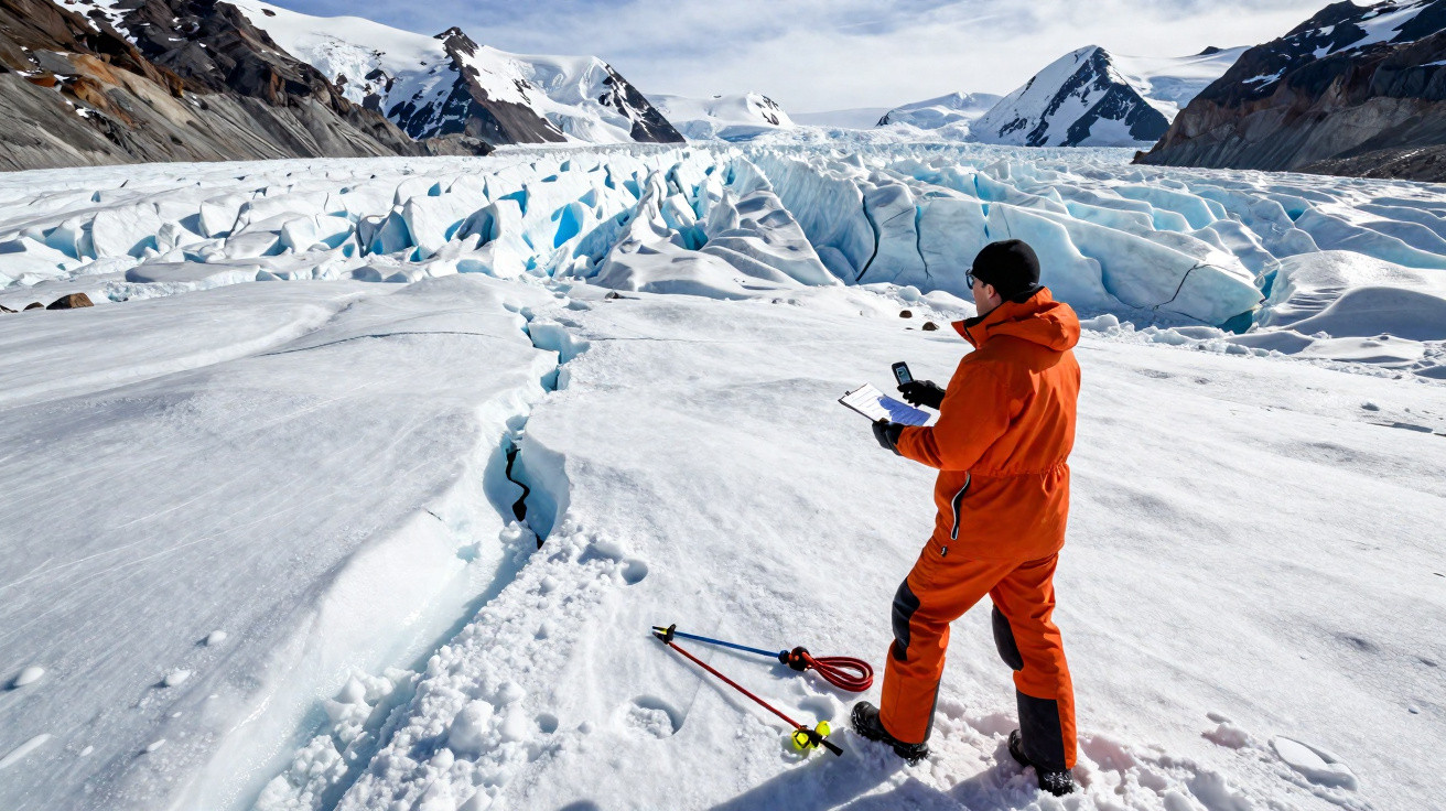 Pessoa vestida de laranja a estudar geada num glaciar com montanhas e céu nublado ao fundo.