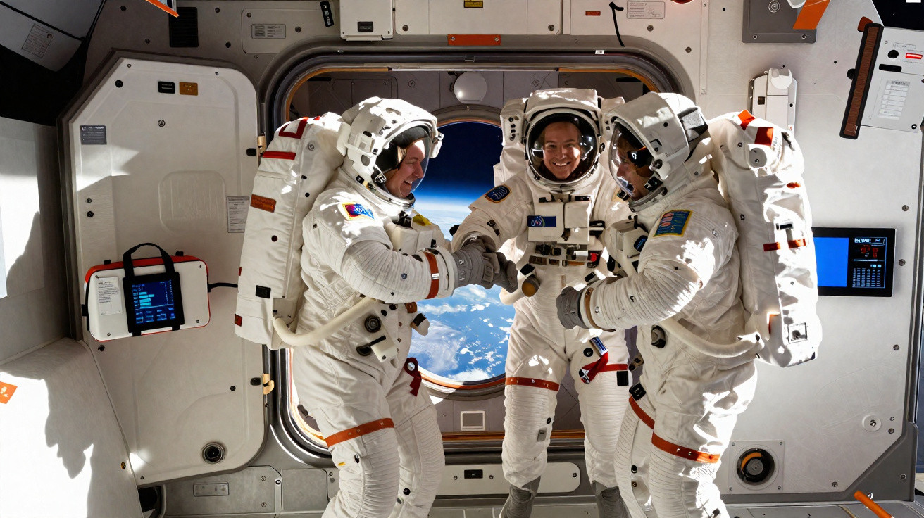Três astronautas em fatos espaciais dentro de uma estação com vista para a Terra através de uma janela redonda.