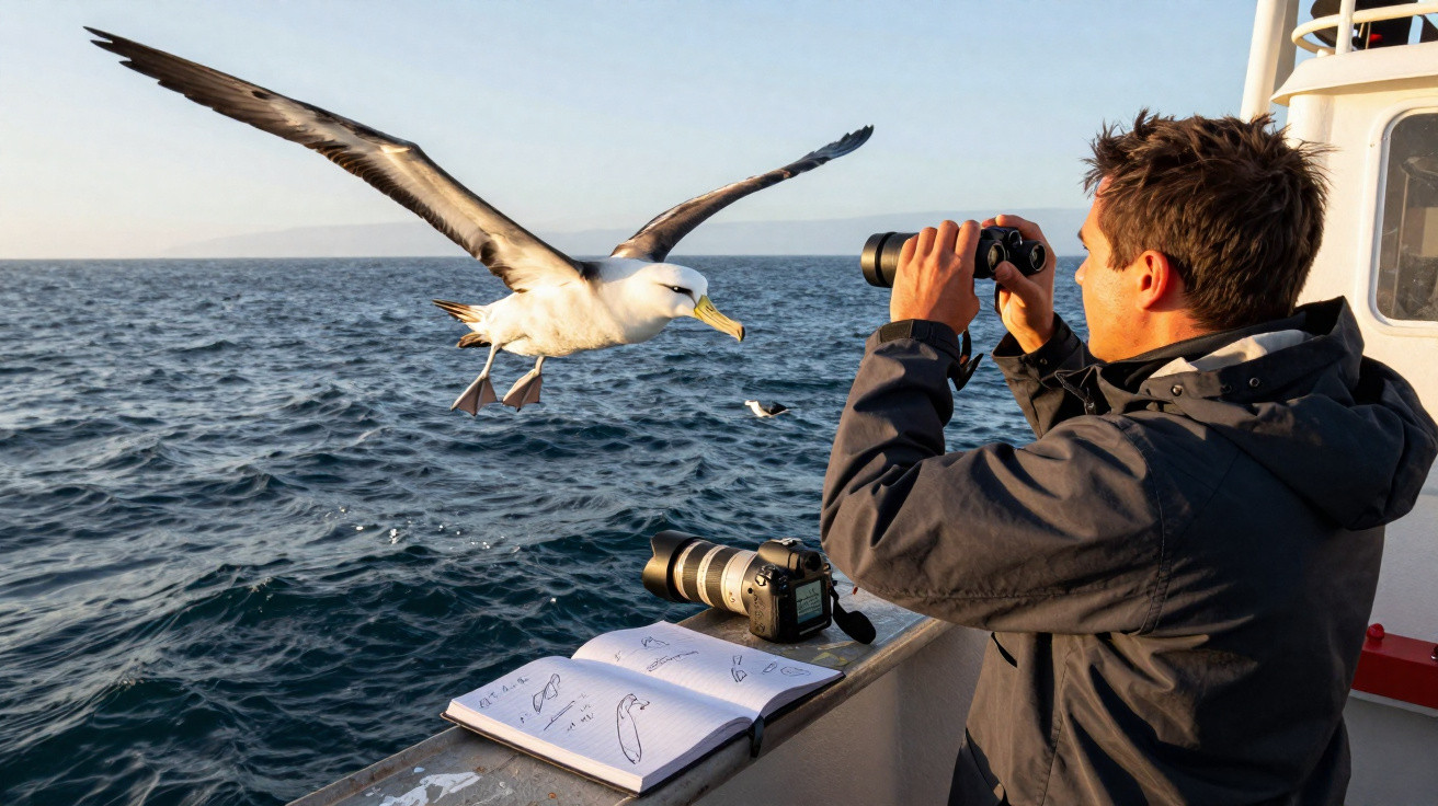 Homem observa albatroz com binóculos a partir de barco no mar, com caderno de desenhos aberto no parapeito.