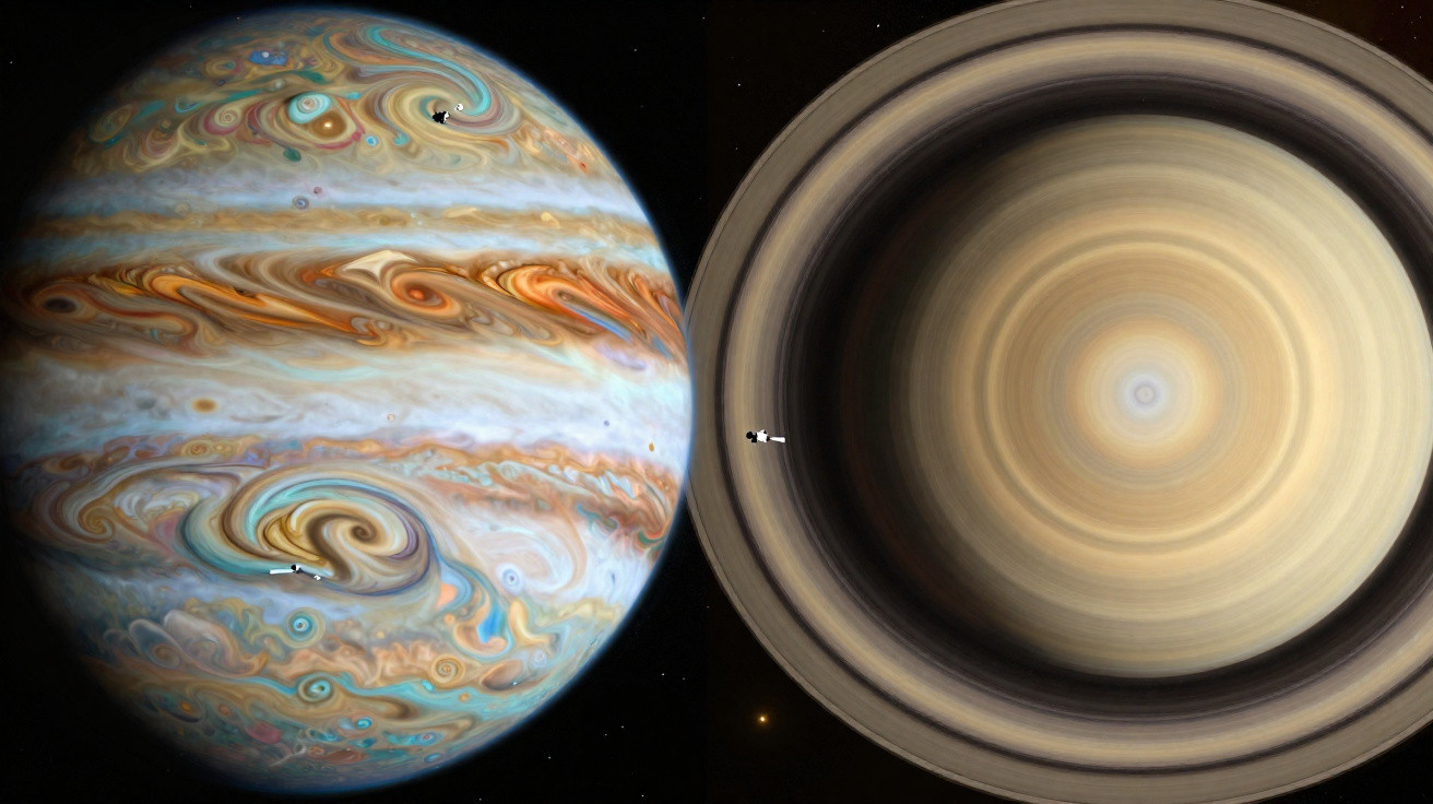Júpiter e Saturno vistos em detalhes com as suas cores e anéis, respetivamente, no espaço escuro.
