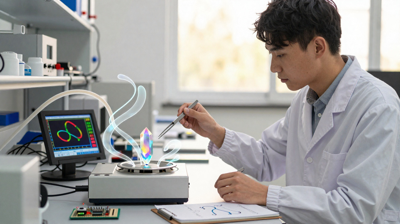 Cientista em laboratório manipula cristal holográfico projetado numa máquina com gráficos num ecrã.