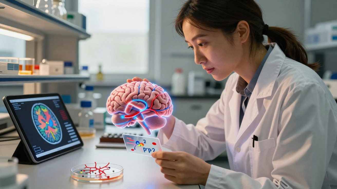 Cientista numa sala de laboratório a analisar modelo digital 3D do cérebro humano e dados num tablet.