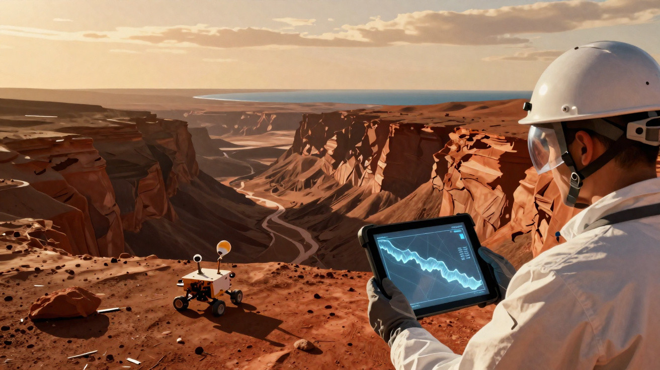 Cientista com capacete observa rover num desfiladeiro árido com tablet a mostrar dados gráficos.