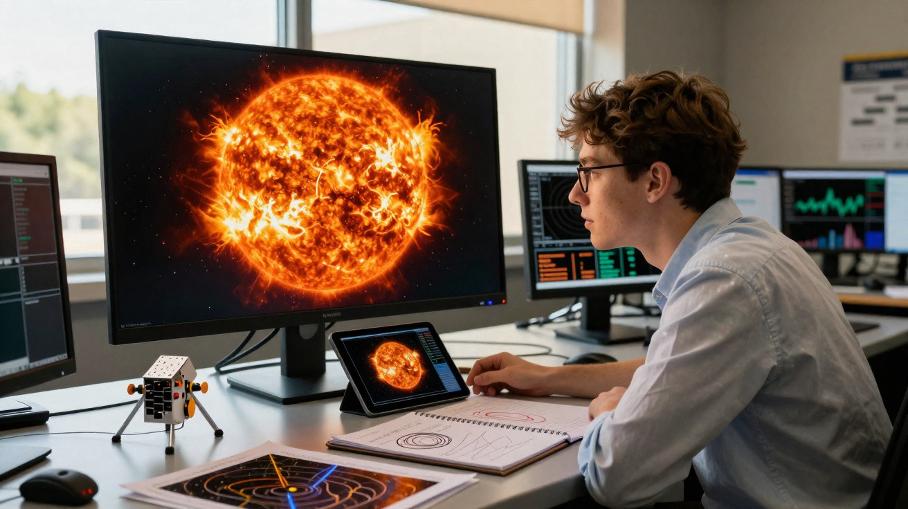 Jovem a analisar imagens do sol em vários ecrãs num laboratório de astronomia.