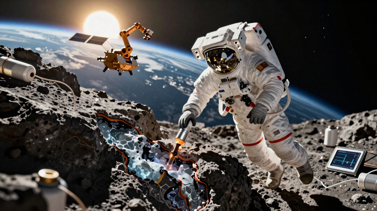 Astronauta em traje espacial usa ferramenta para analisar rocha na superfície lunar com Terra visível ao fundo.