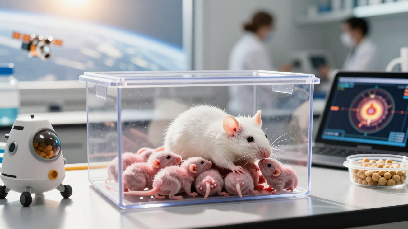 Rato branco adulto com crias dentro de caixa transparente numa bancada de laboratório.