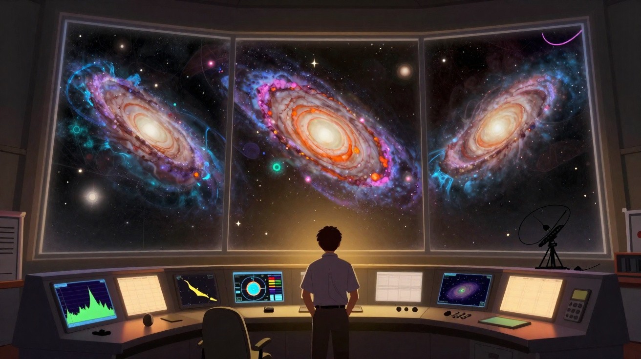 Pessoa observando três galáxias coloridas numa grande janela de controlo espacial com vários ecrãs.