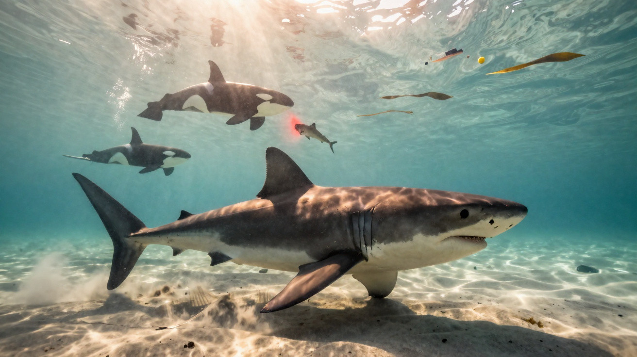 Tubarão branco a nadar perto do fundo do mar com duas orcas e peixes ao redor em água clara.