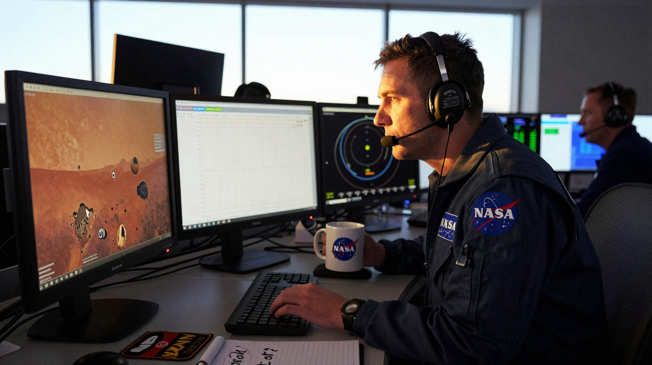 Homem com fato da NASA e headset a trabalhar em múltiplos ecrãs num centro de controlo espacial.