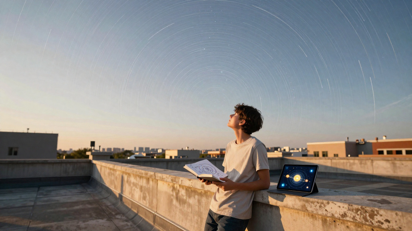 Jovem observa o céu estrelado com traços circulares, segurando caderno e tablet com sistema solar.
