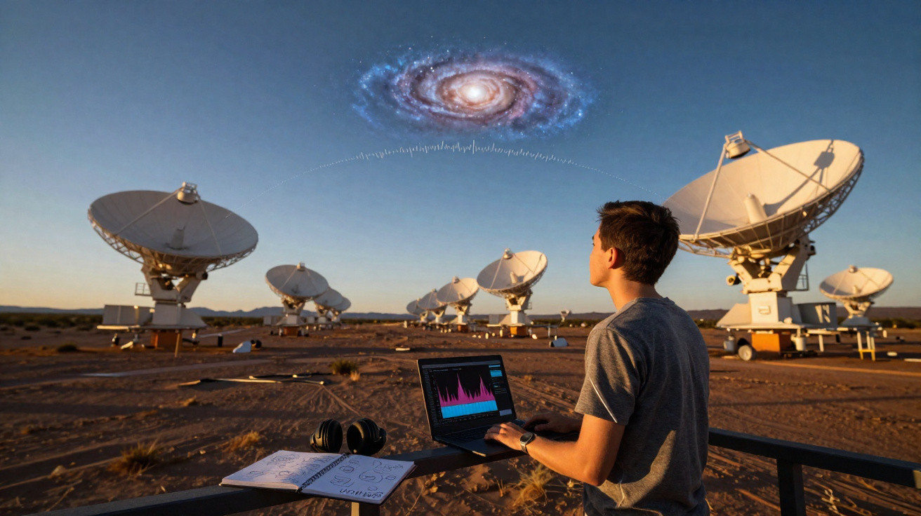 Jovem observa antenas parabólicas num deserto, com representação artística de galáxia no céu ao pôr do sol.