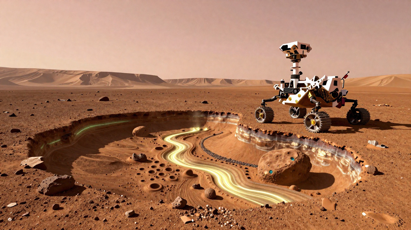 Rover espacial a explorar crateras brilhantes num terreno árido e rochoso de Marte ao pôr do sol.