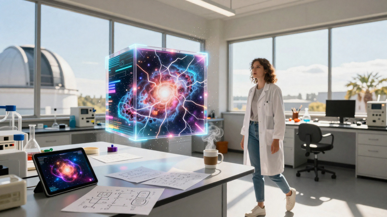 Mulher cientista num laboratório a observar um cubo holográfico com imagem espacial brilhante.