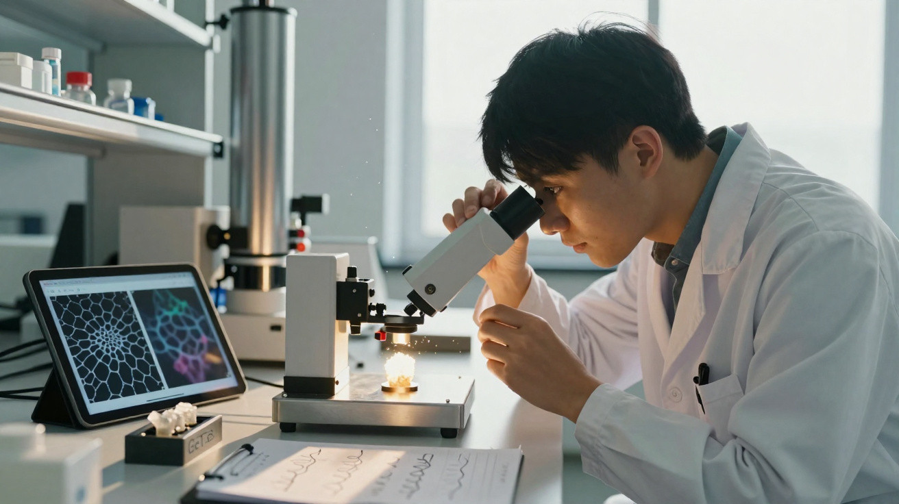 Cientista em bata branca observa amostra no microscópio num laboratório moderno com gráficos digitais.