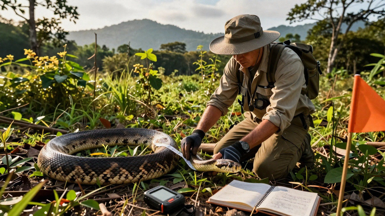 Homem com roupa de explorador mede uma cobra grande numa área verde durante o dia.