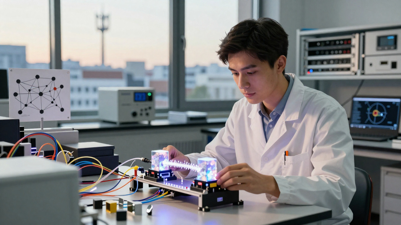 Homem em bata branca a trabalhar com equipamento eletrónico num laboratório moderno.