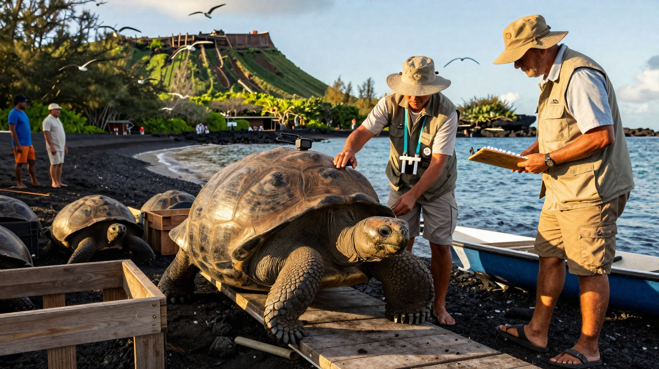 Homens observam e registam dados de uma tartaruga gigante numa praia com areia preta e colina ao fundo.