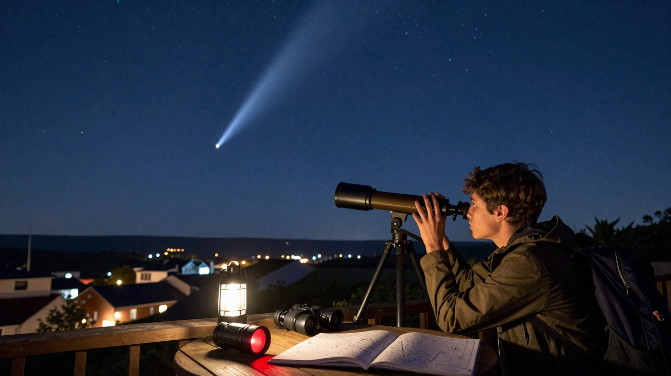 Jovem observa estrela cadente com telescópio num terraço à noite, com livro aberto e binóculos perto.