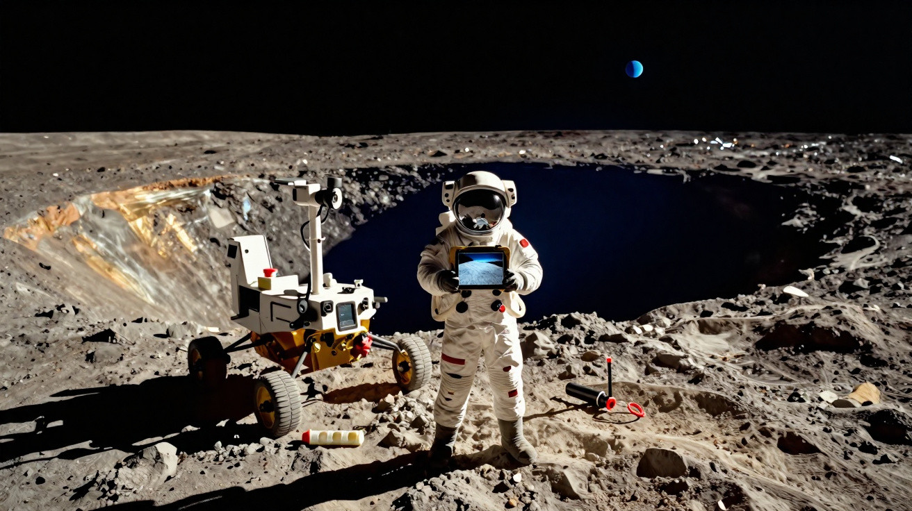 Astronauta em fato espacial segura tablet na superficie lunar com cratera e Terra visível ao fundo.