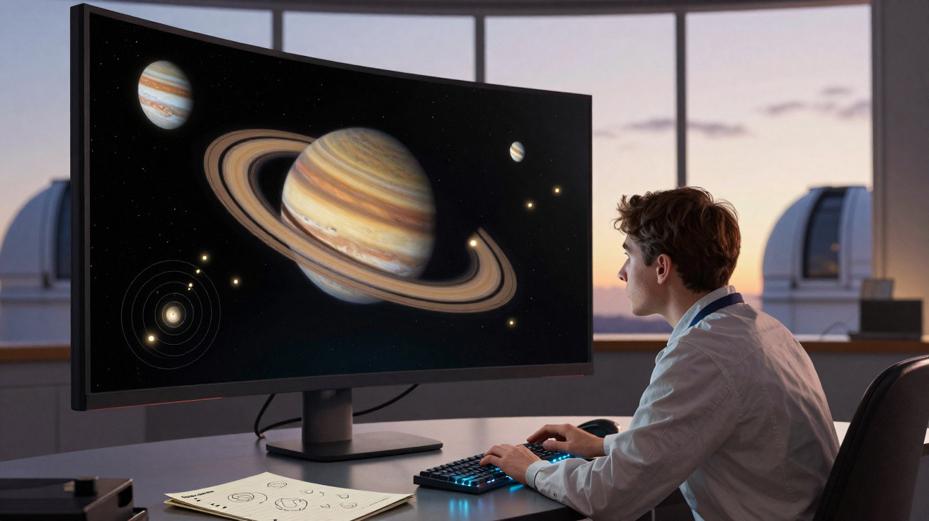 Jovem cientista observa imagens de planetas do Sistema Solar num ecrã grande num observatório à noite.