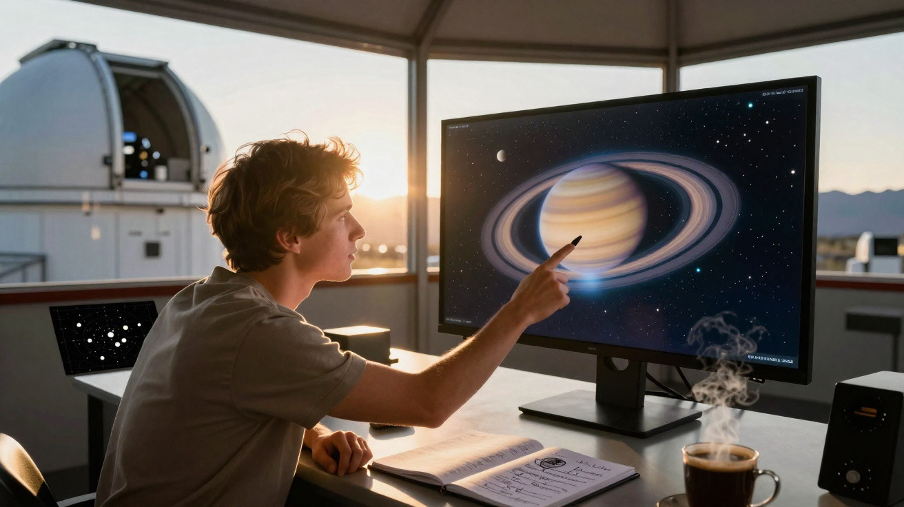 Jovem observa e aponta para imagem de Saturno num ecrã de computador num observatório ao pôr do sol.