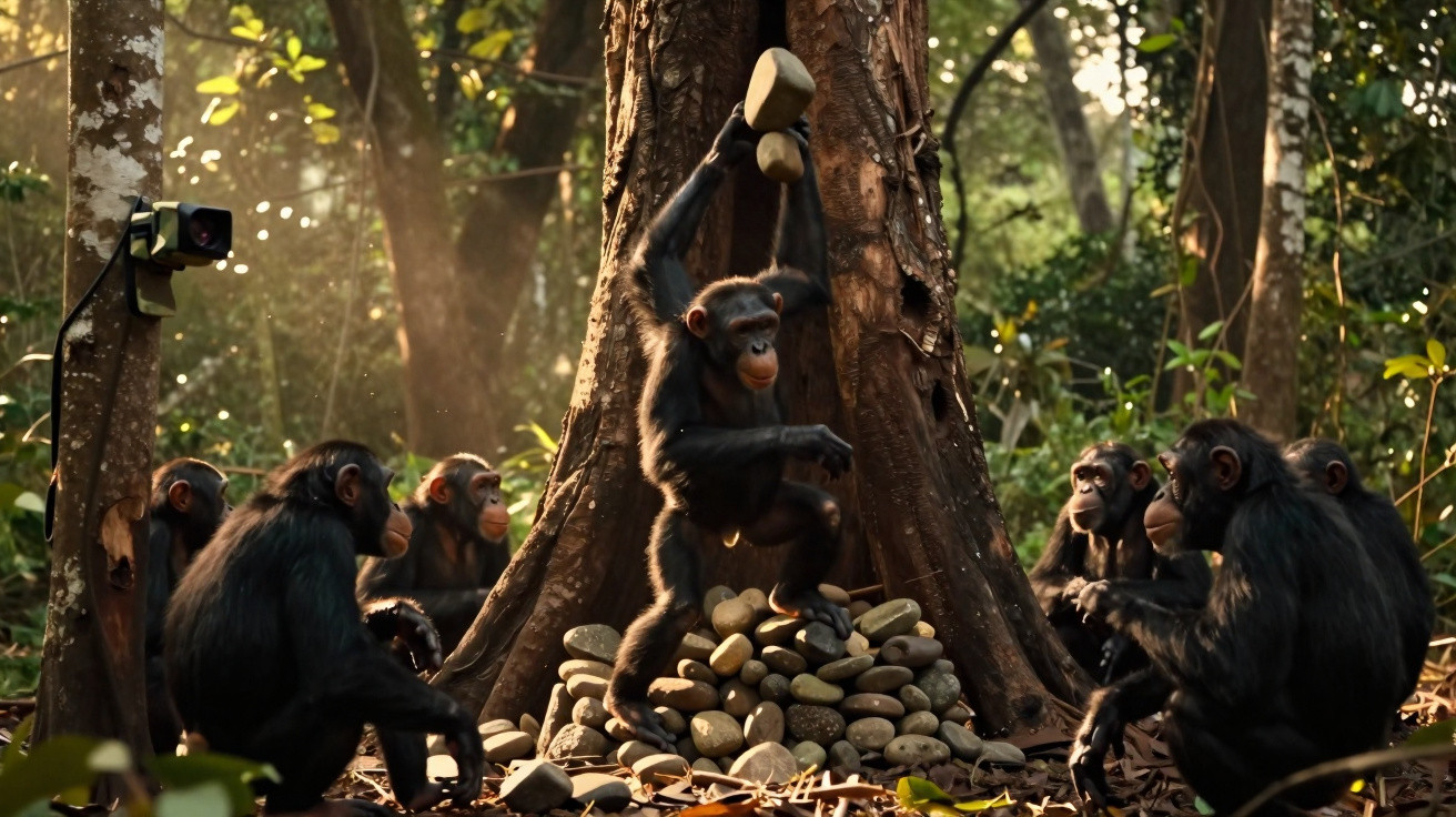 Grupo de chimpanzés observando enquanto um levanta uma pedra numa floresta iluminada.
