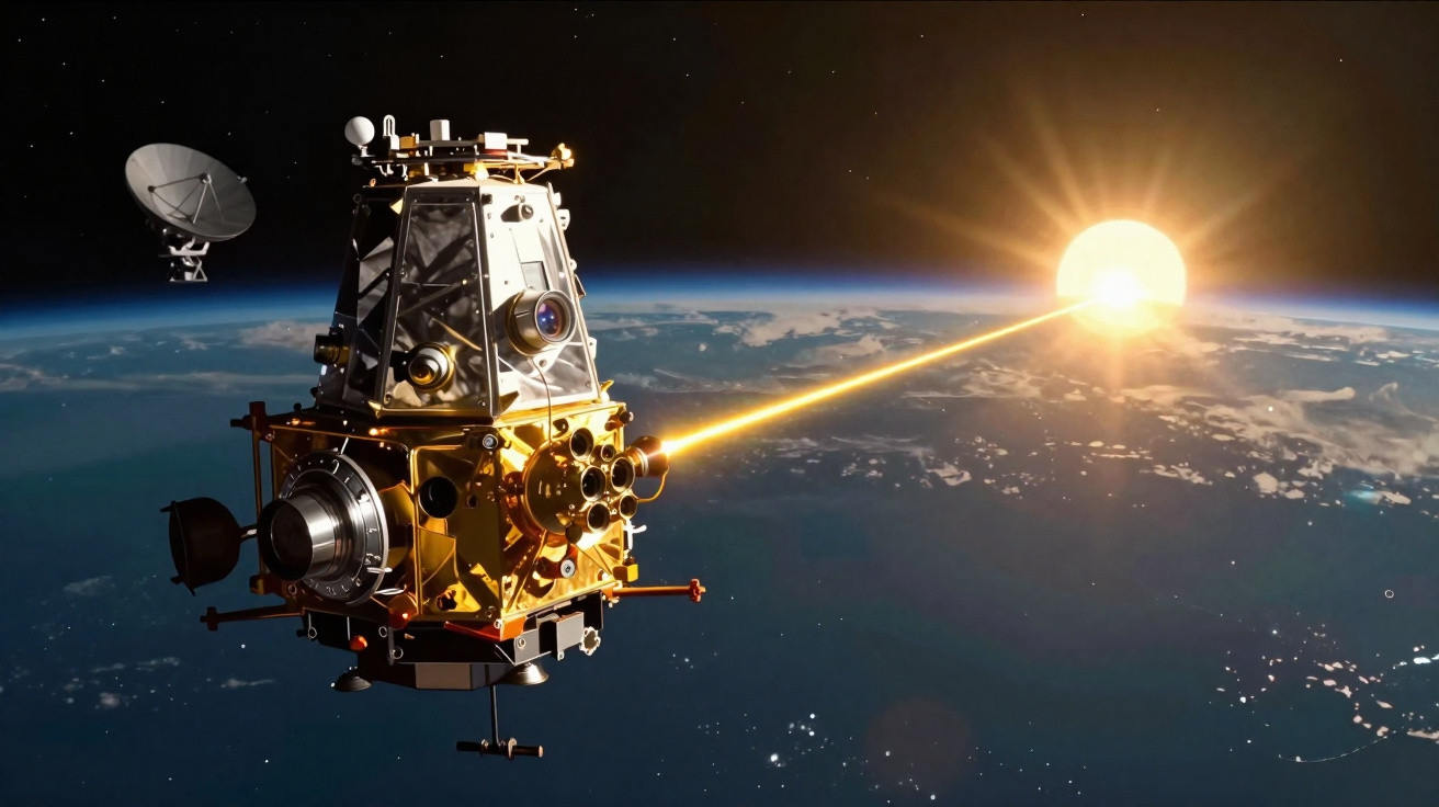 Satélite dourado em órbita da Terra a apontar raio de energia para o Sol visível no horizonte espacial.