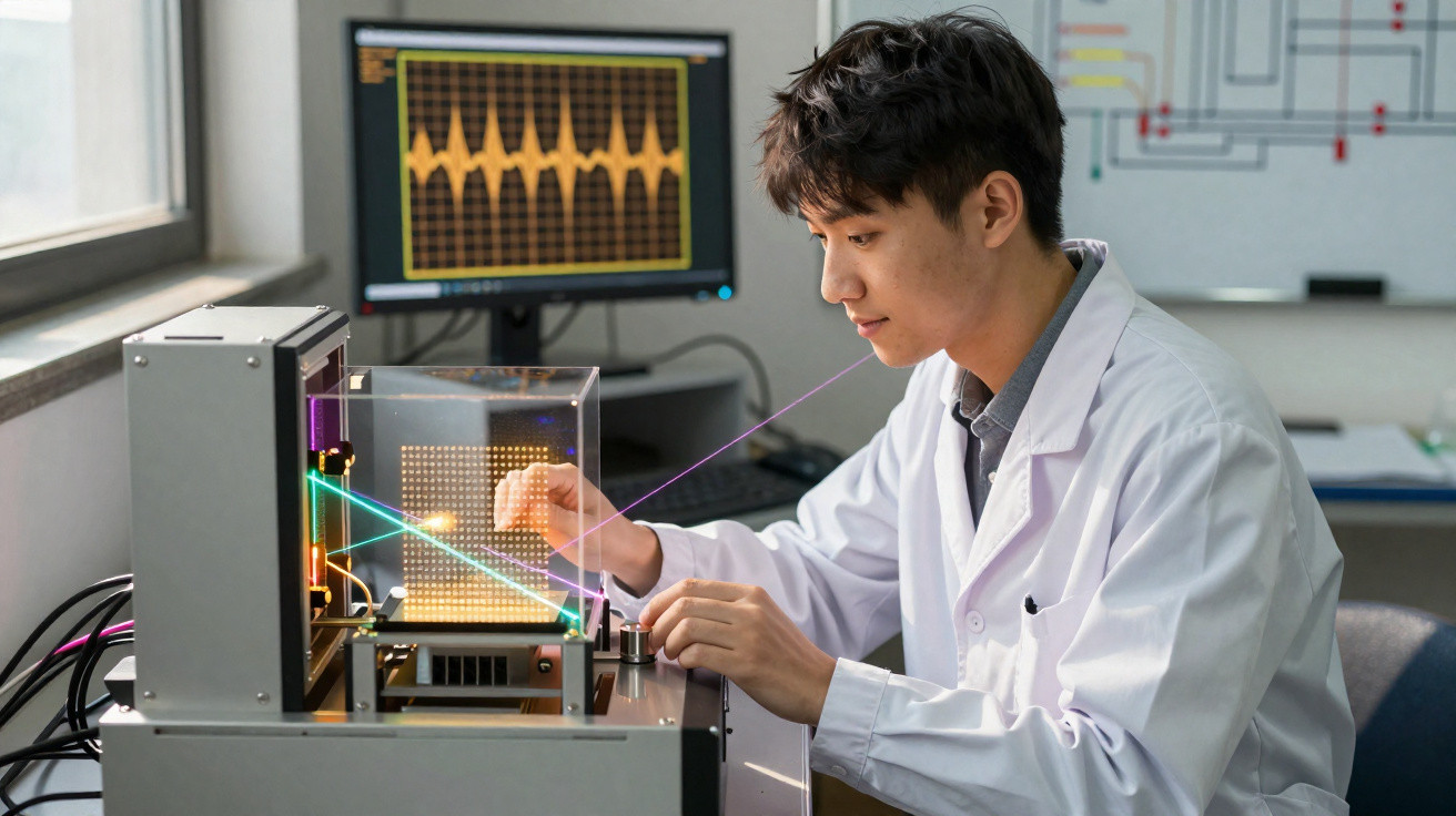 Homem com bata branca operando equipamento de laboratório com lasers coloridos e ecrã com dados no fundo.