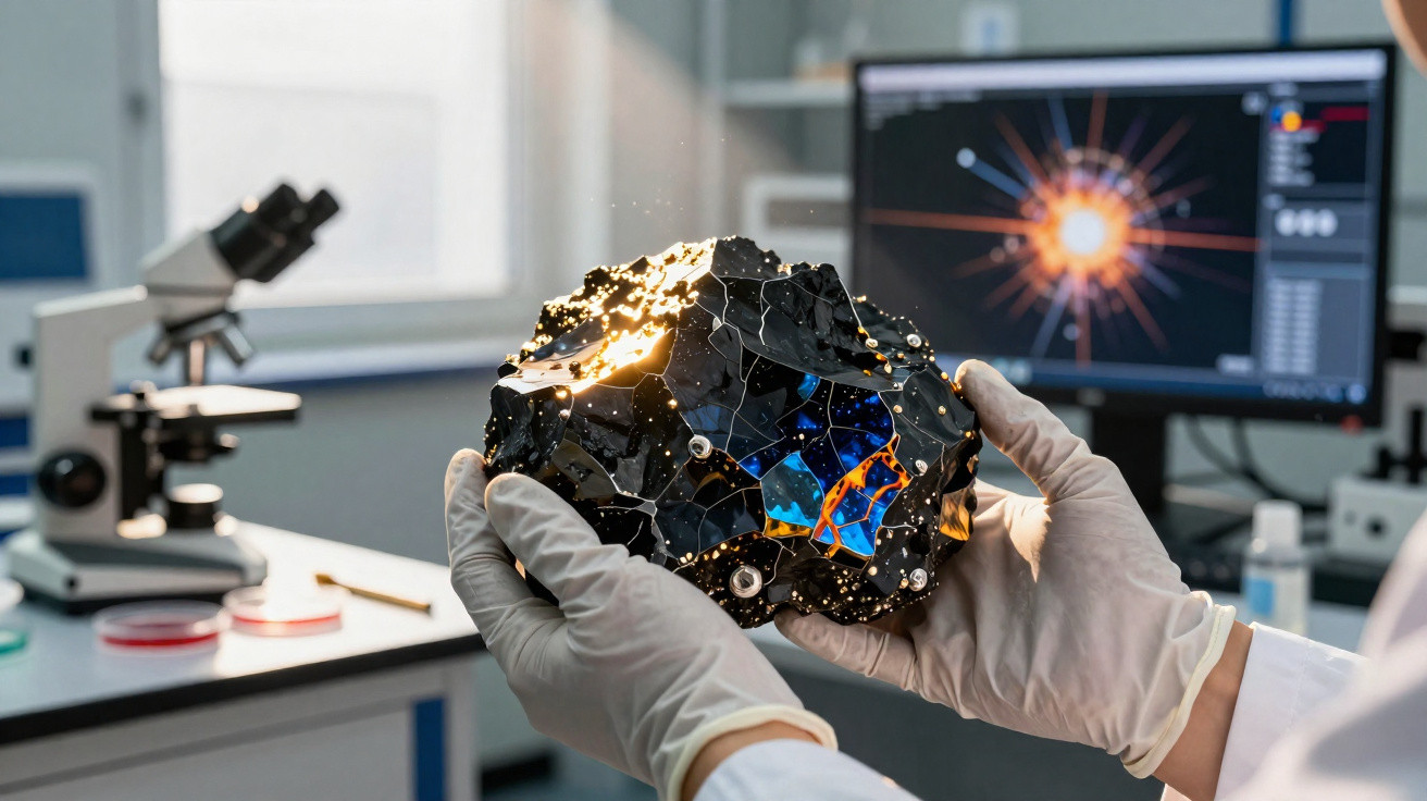Mãos com luvas seguram rocha espacial brilhante em laboratório com microscópio e ecrã de computador ao fundo.