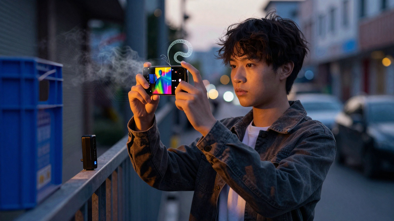 Jovem a tirar foto com câmara térmica numa rua ao entardecer, mostrando diferentes cores de calor.