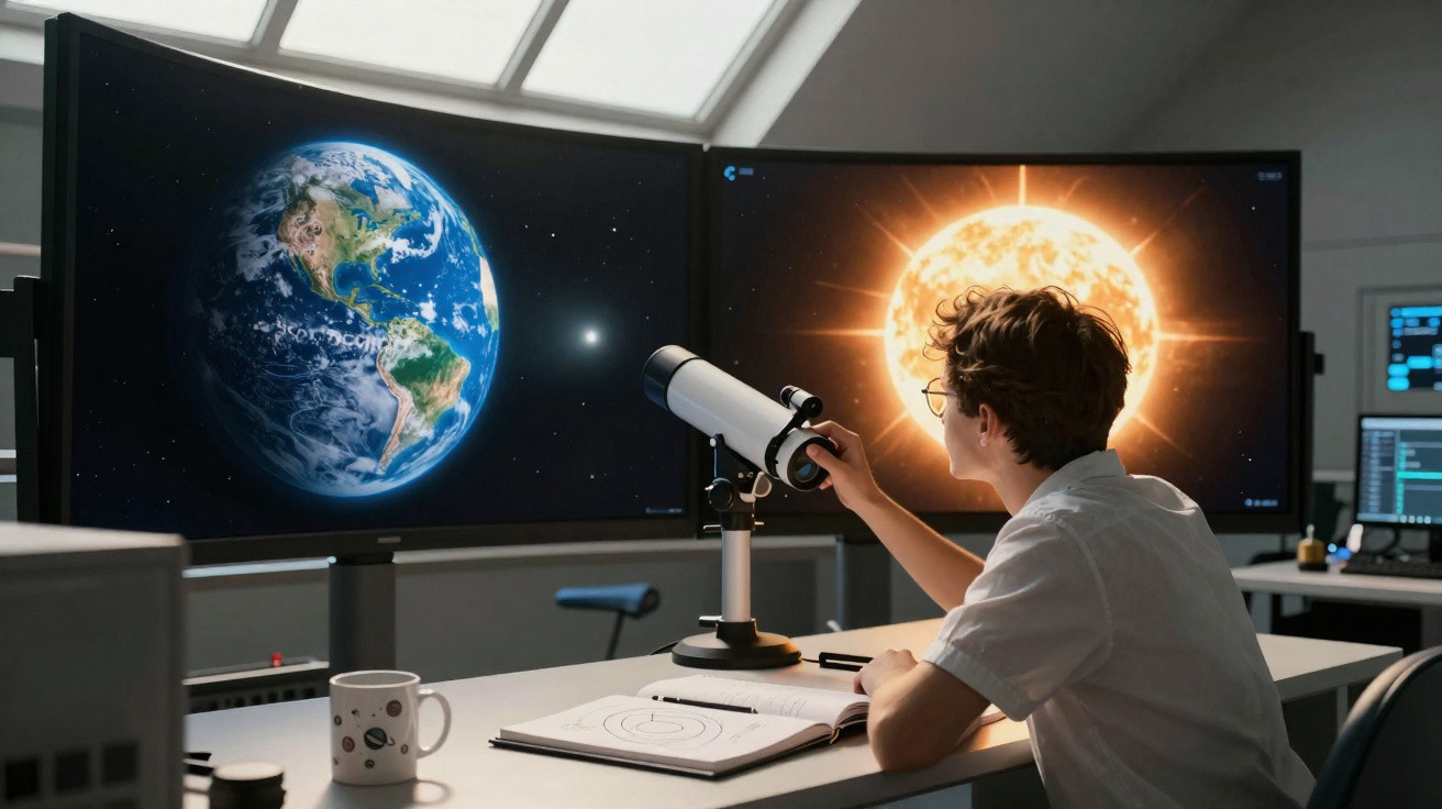 Jovem a observar através de um telescópio pequeno, com imagens do planeta Terra e do Sol em dois ecrãs à sua frente.