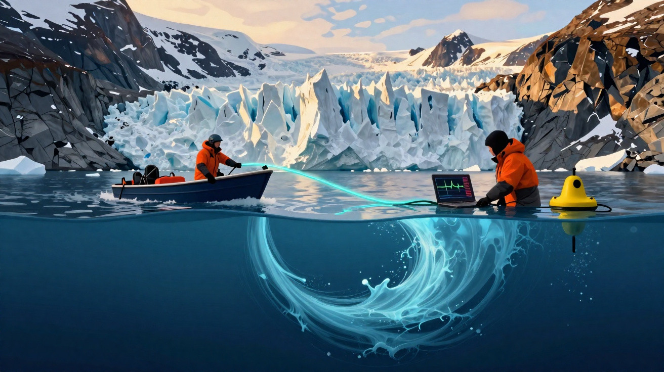 Dois cientistas em coletes laranja a estudar um fenómeno na água perto de uma geleira numa paisagem polar.