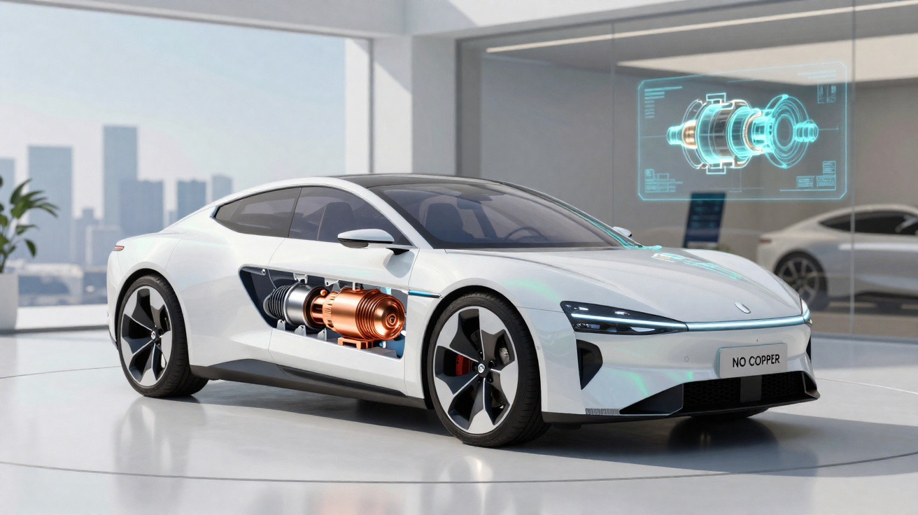 Carro elétrico branco em exposição com motor elétrico destacado e holograma técnico visível no vidro.
